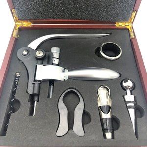 Connoisseurs Deluxe Lever Pull Corkscrew Wine Opener Set in Cherry Wood Box